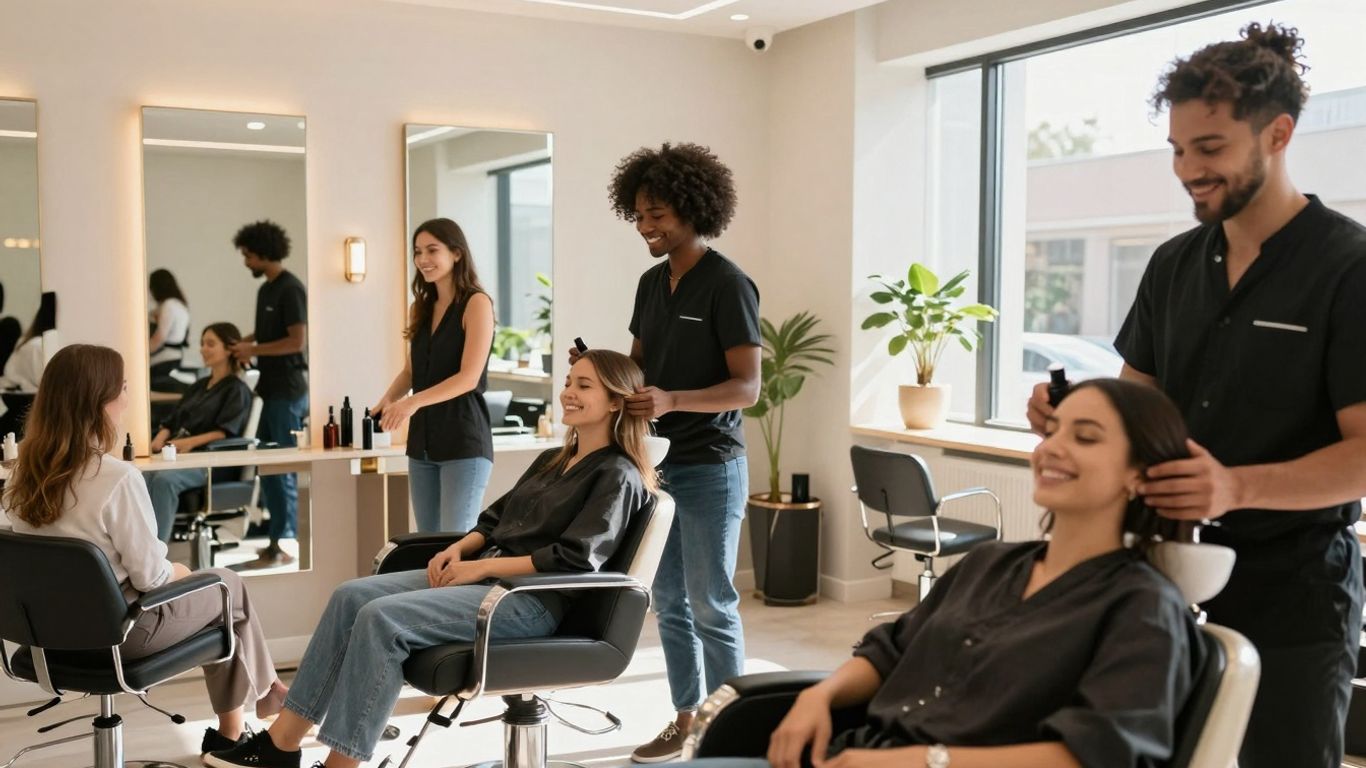 Happy clients enjoying treatments in a modern beauty salon.