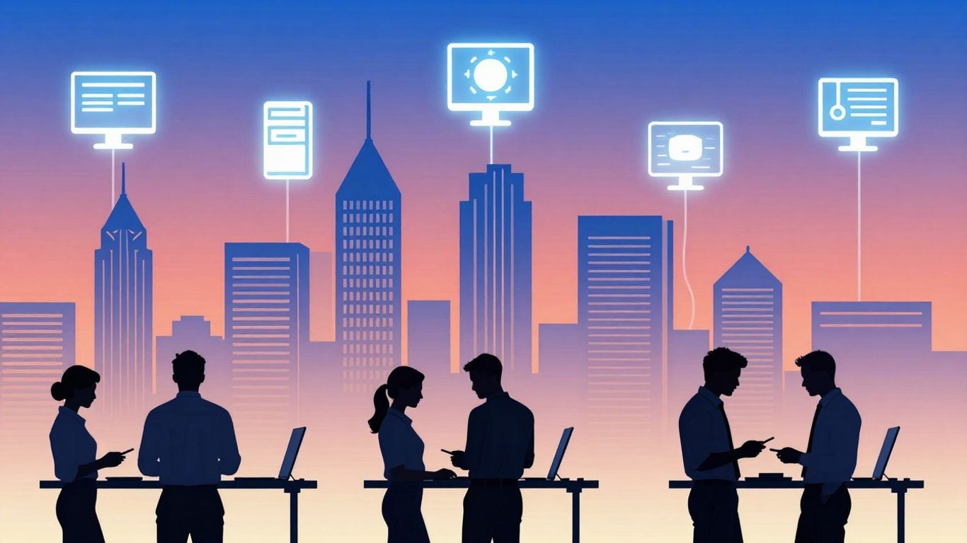 Atlanta IT support jobs infographic with cityscape and tech icons.