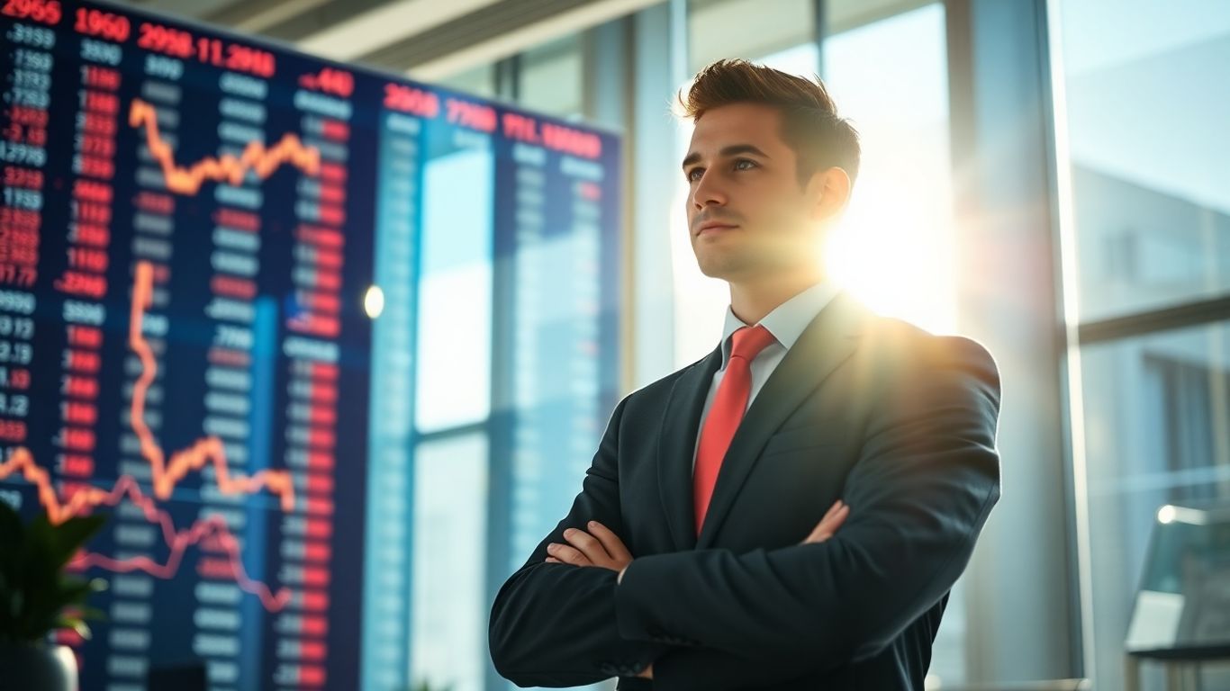 Stockbroker in office with digital stock display.