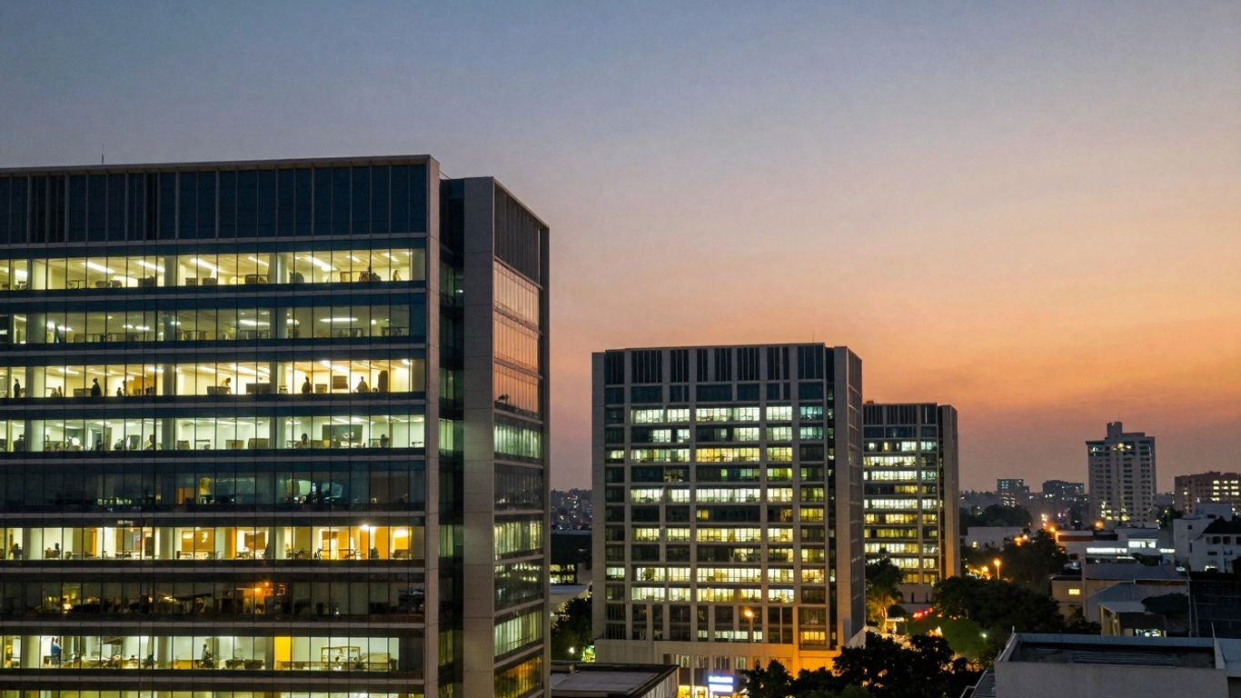 Hyderabad cityscape with modern office buildings at dusk.