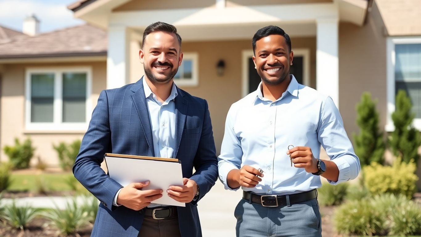 Agent and broker at house, discussing real estate careers.