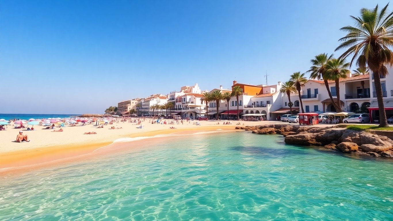 Sunny southern European beach with turquoise water and umbrellas