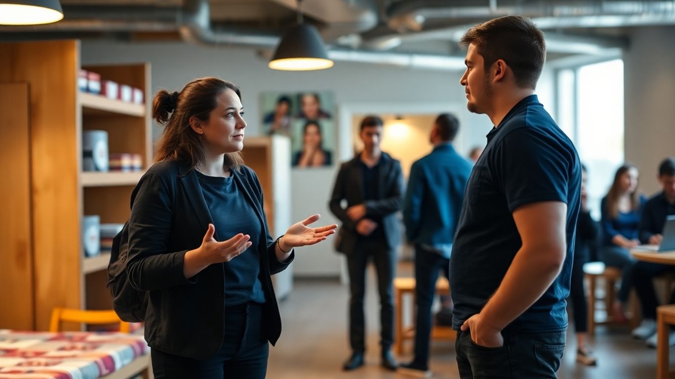 Hostel staff calmly resolving a guest dispute.