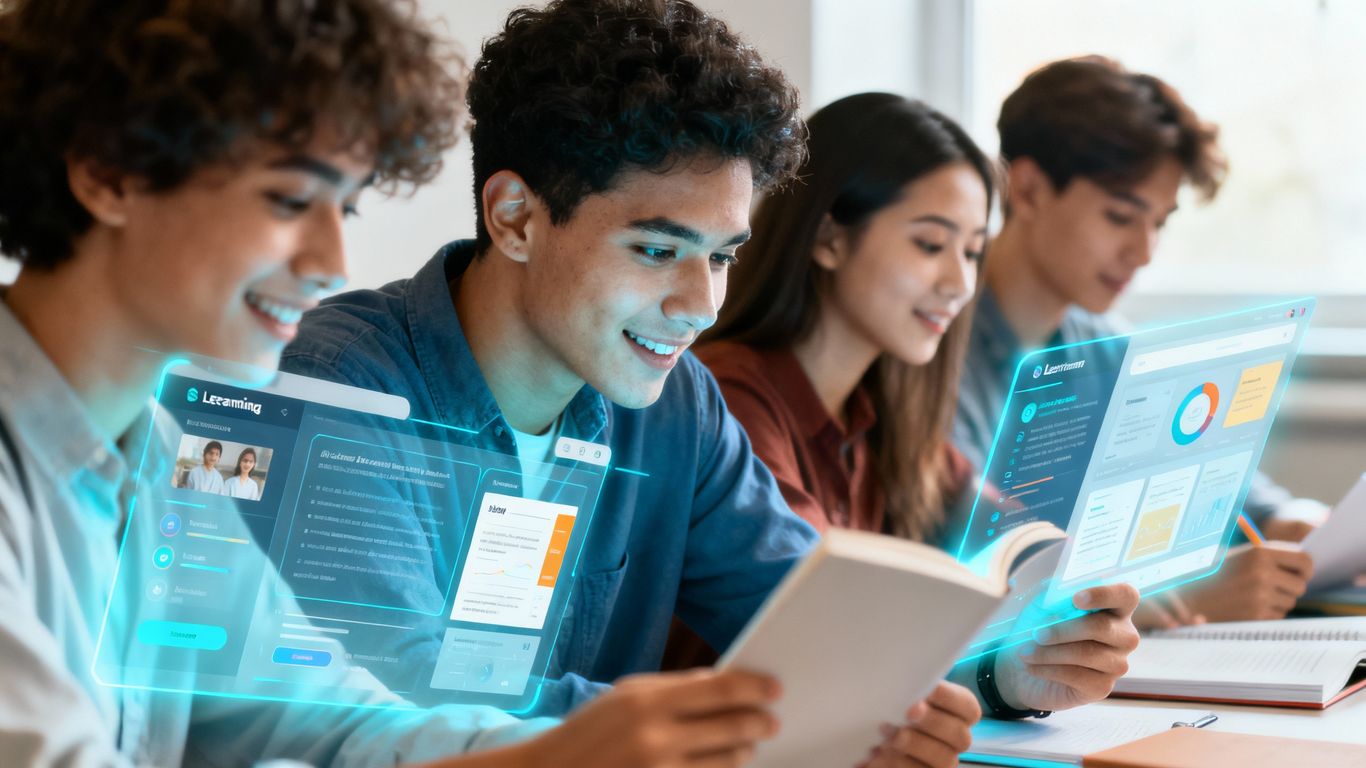 Modern elearning platform interface with engaged learners interacting with content.