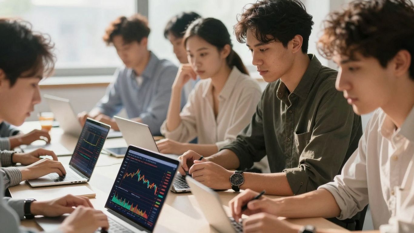 People analyzing stock market data on screens.