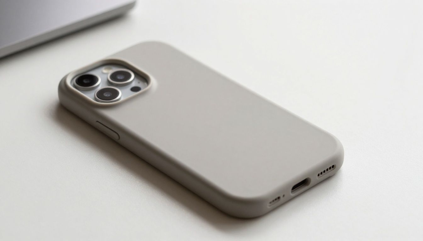 A neutral, photorealistic image of a sturdy phone case wrapping completely around a generic smartphone, photographed on a clean table