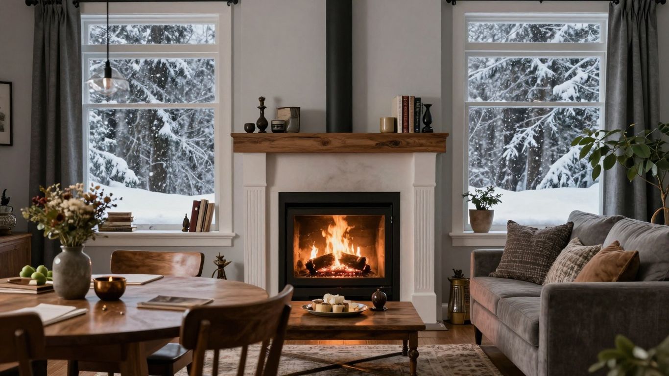 Cosy UK home interior with fireplace in winter.