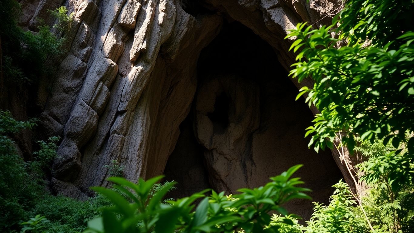 Peisaj geologic spectaculos, peșteră ascunsă, formațiuni stâncoase unice.