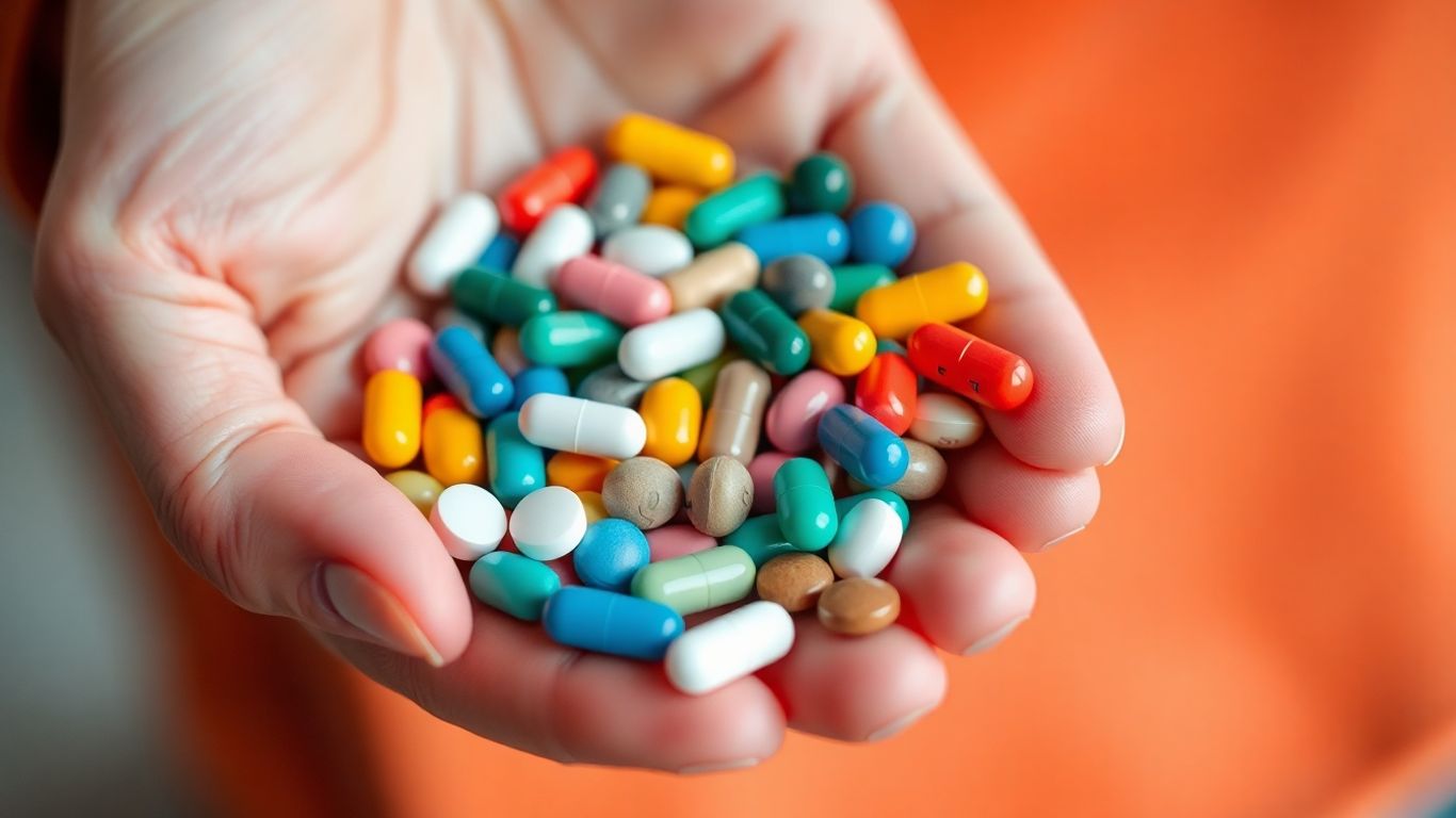 Handful of colorful pills, representing antibiotic overuse.