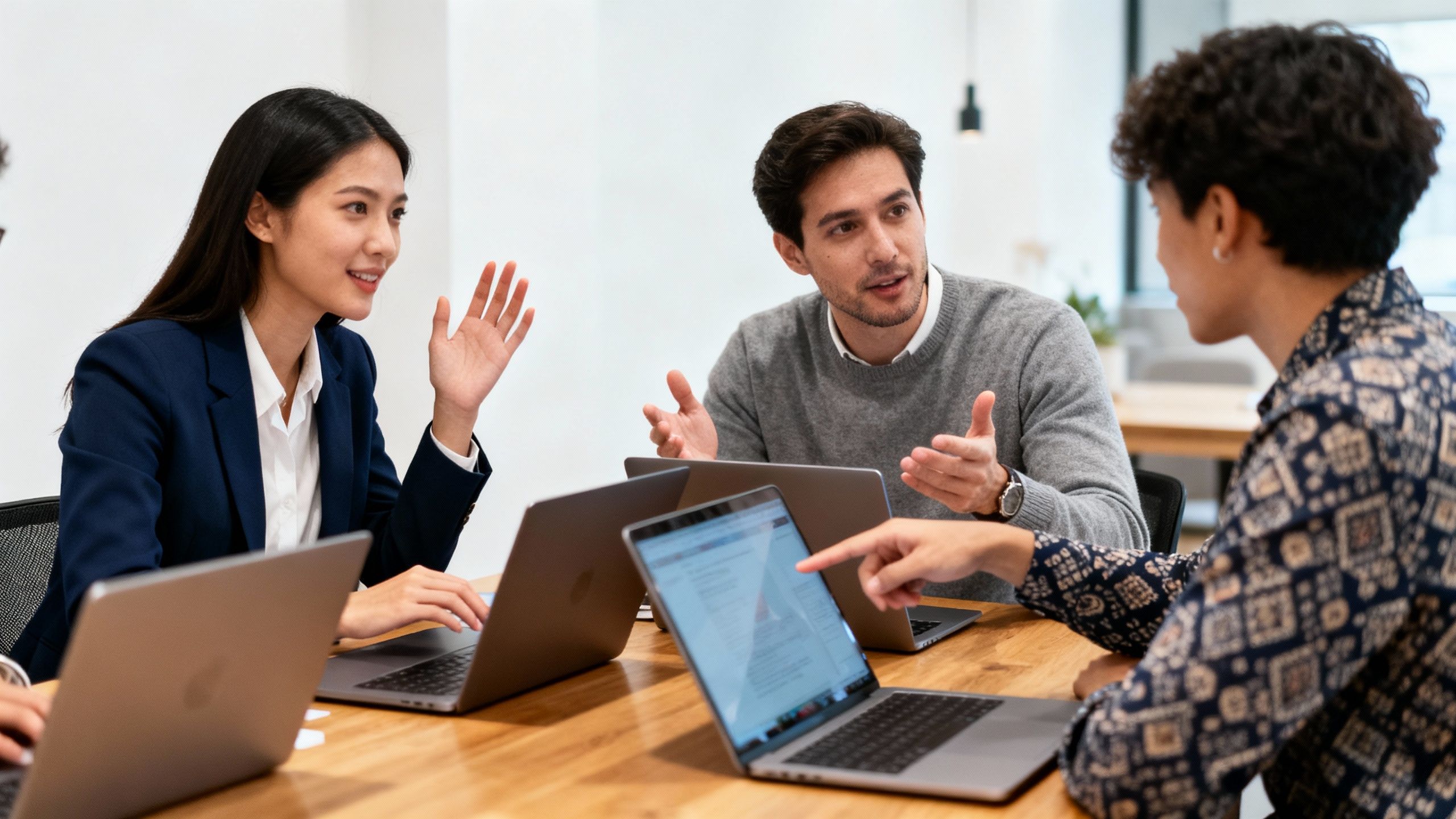 A diverse team of small business professionals collaborating around a table with laptops open, making a decision