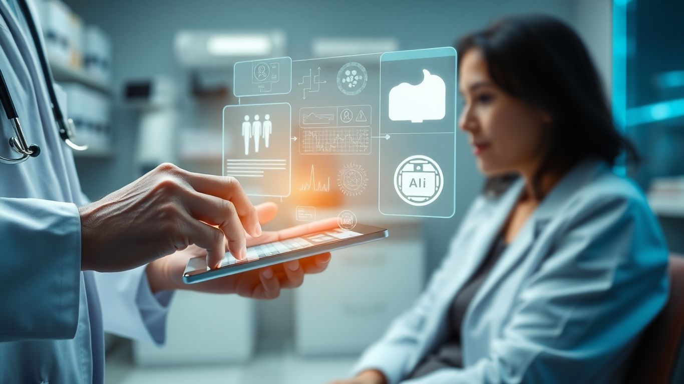 Médico usando tablet com IA em clínica moderna.
