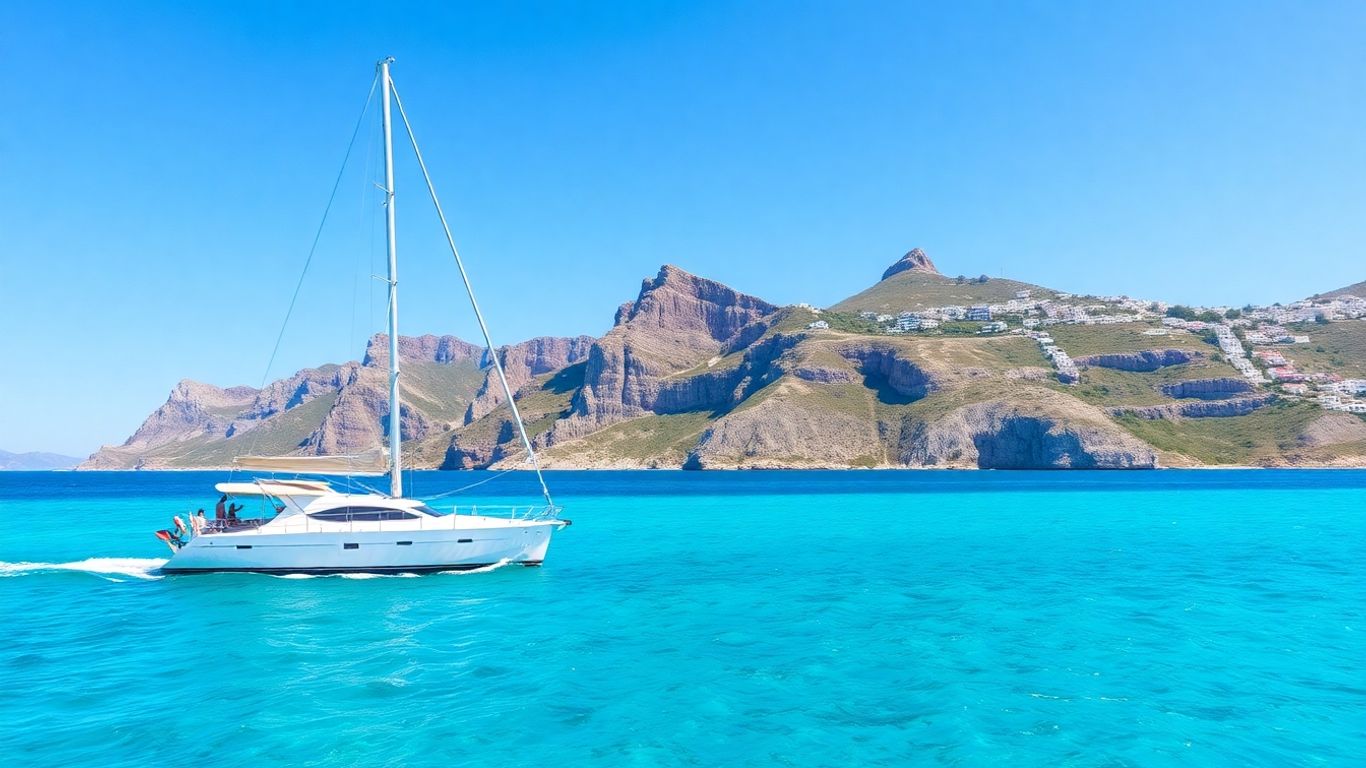 Charter yacht sailing in the Aegean Sea near Greek islands.