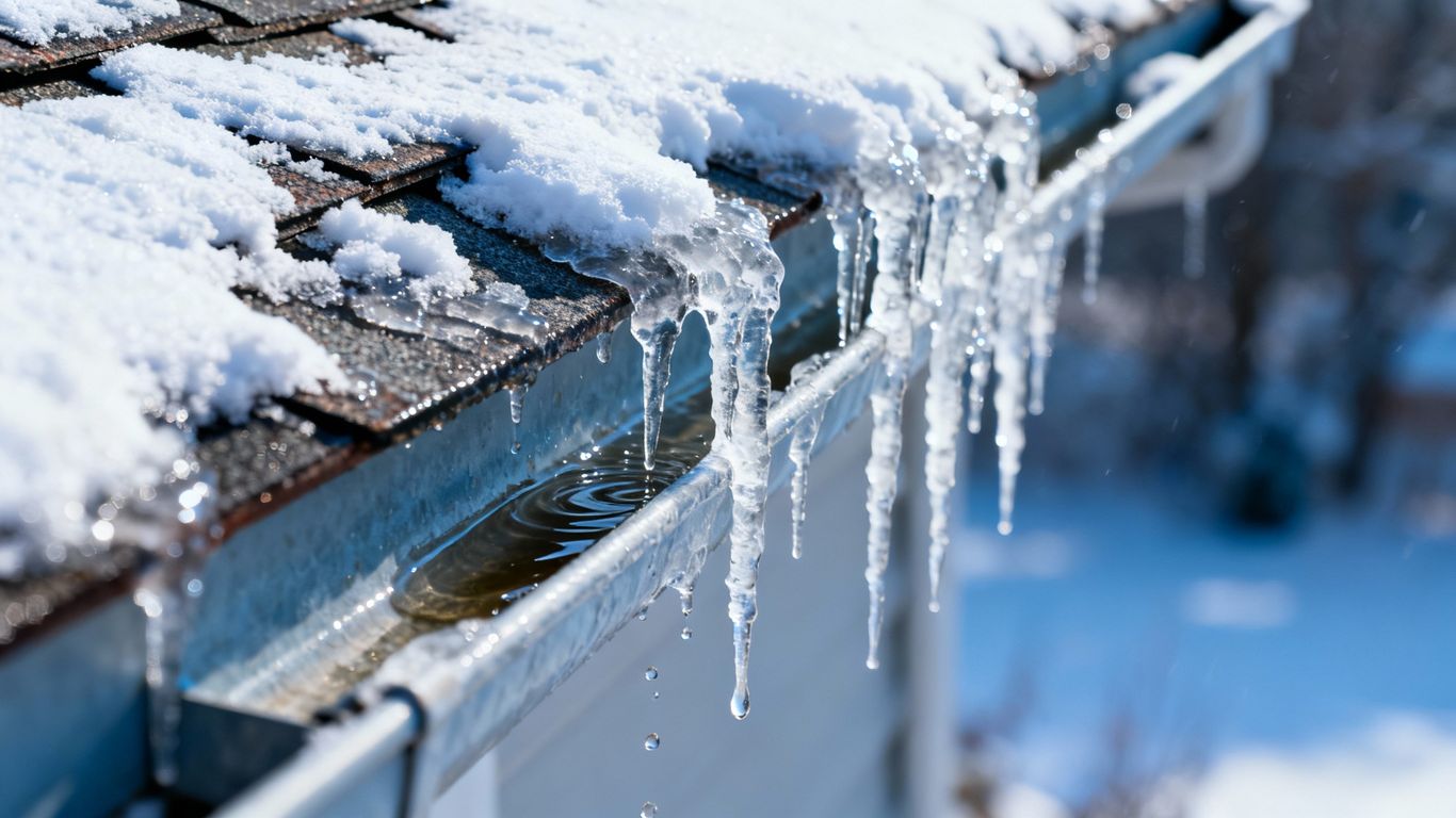 Icicles hanging from a snow-covered roof edge.