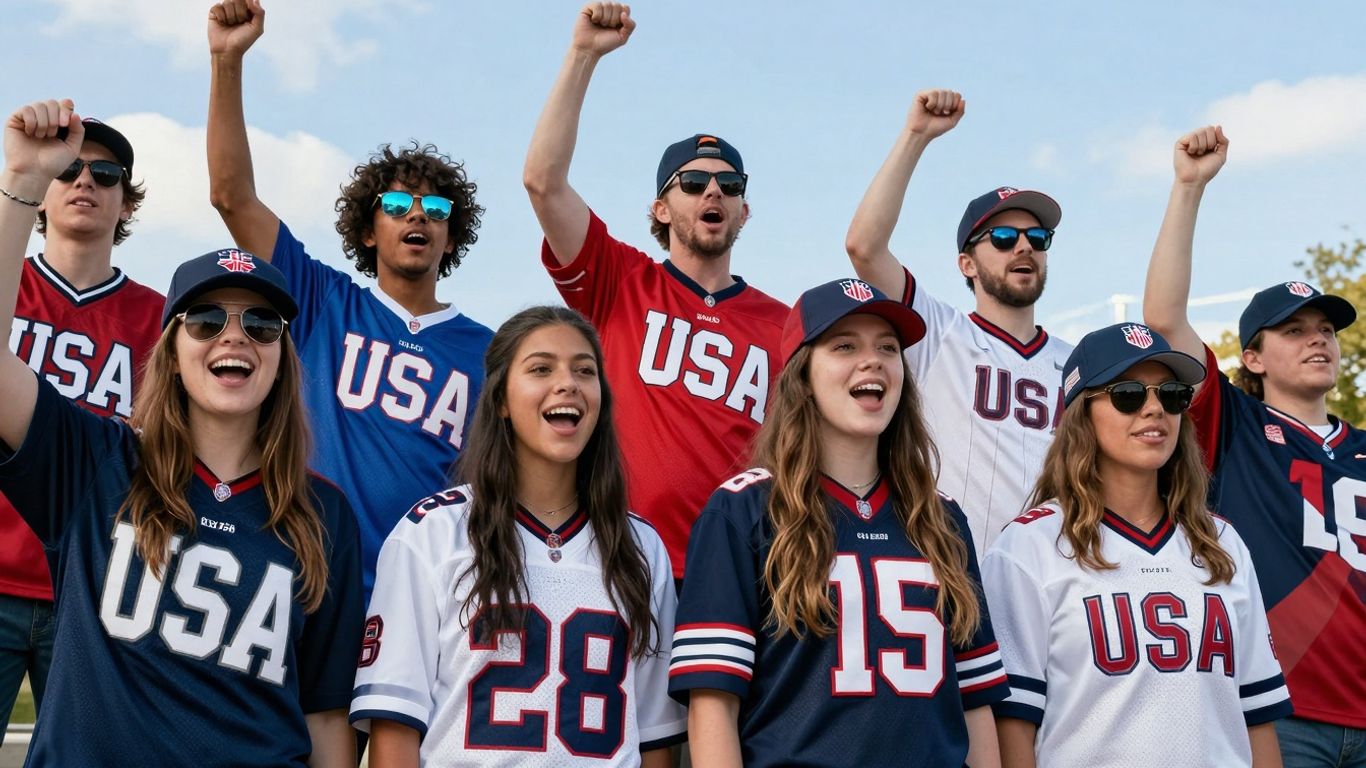 Fans in authentic USA sports clothing celebrating.