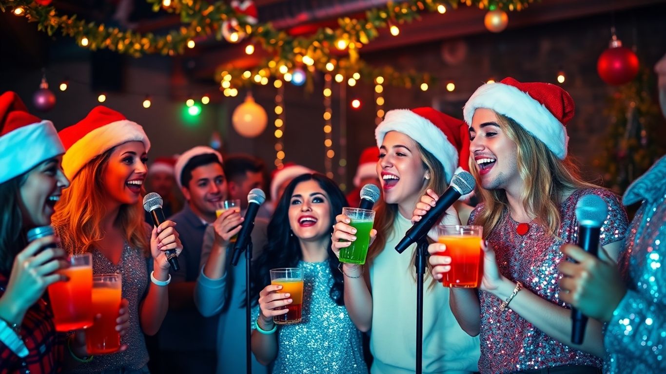 People singing karaoke at a festive holiday party.