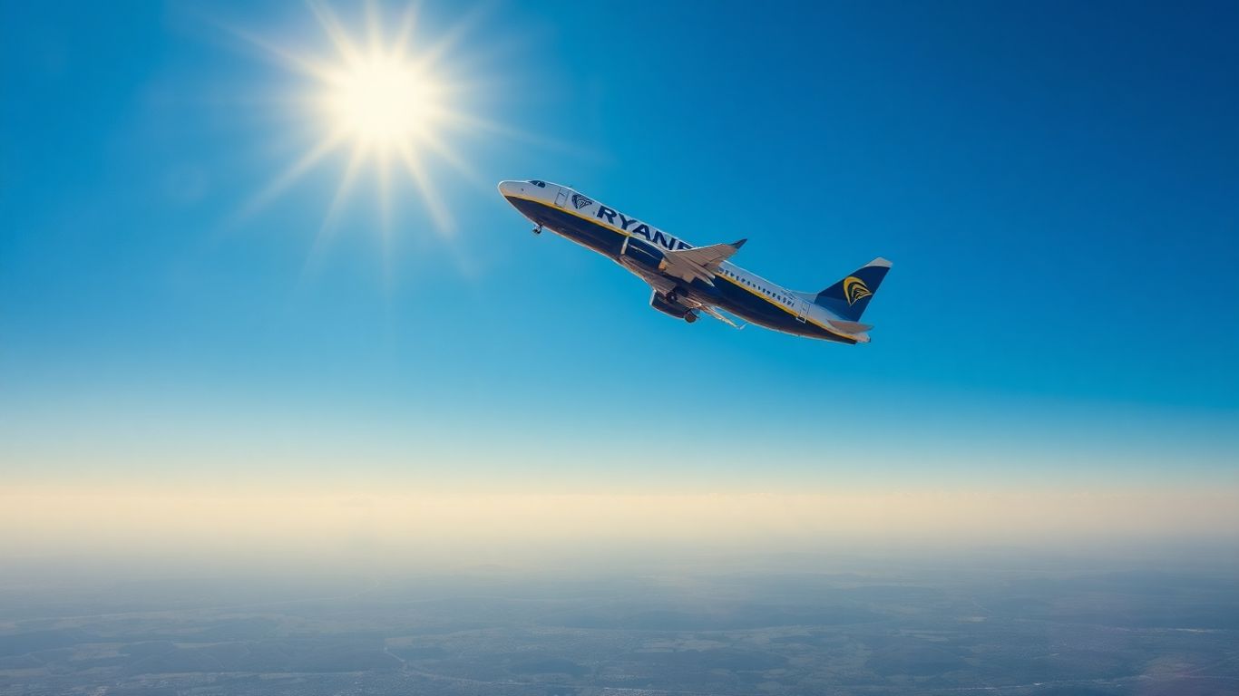 Un avion Ryanair survolant un paysage pittoresque