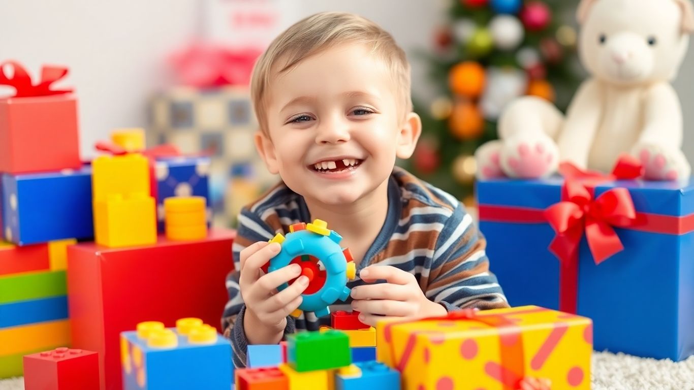 Happy boy with birthday gifts, including blocks and a plush toy.