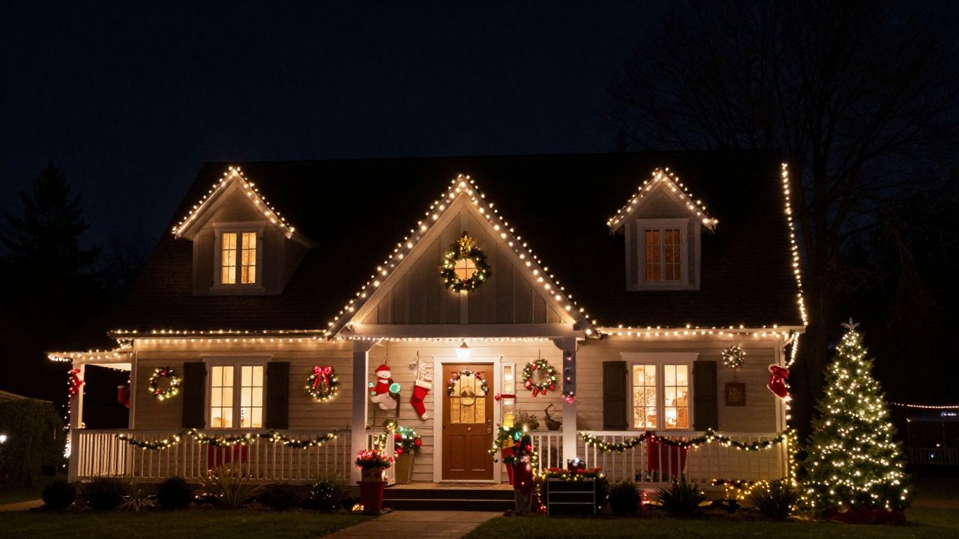 Professionally installed Christmas lights on a Shiloh house.