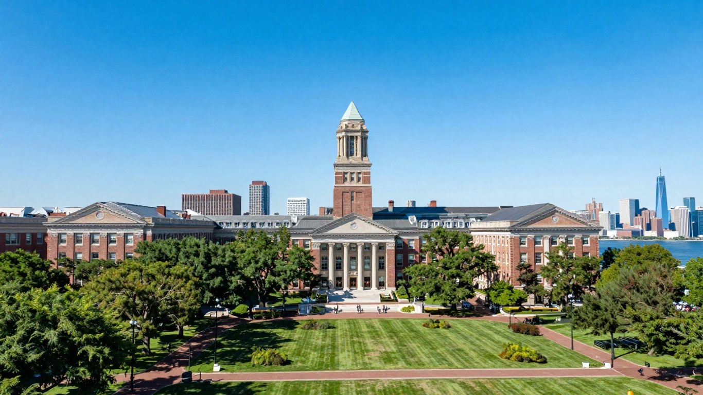 Stevens Institute of Technology campus buildings and waterfront.
