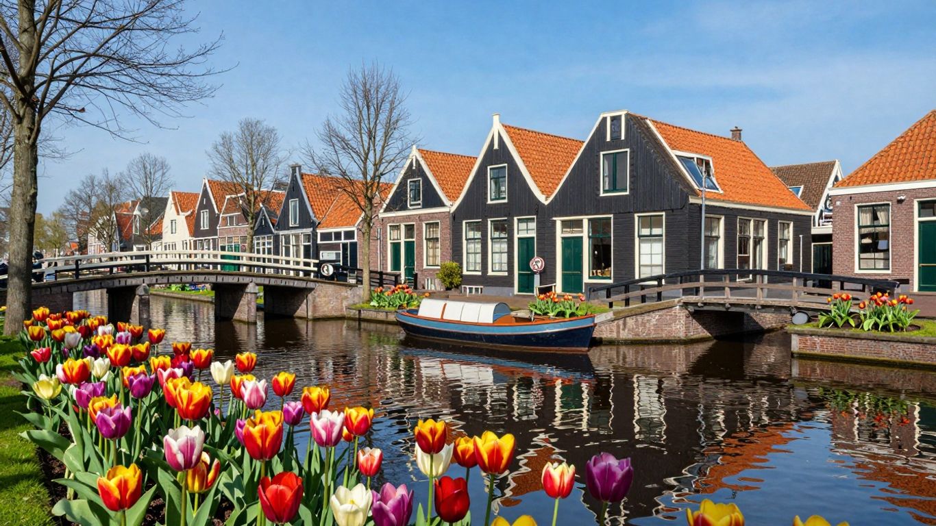 Scenic canal with tulips and Dutch houses.