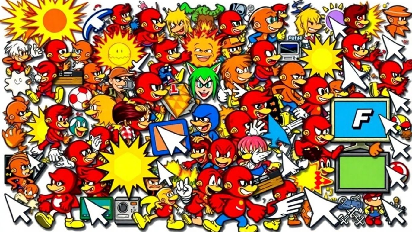 Classic Flash game characters and interfaces in a colorful collage.