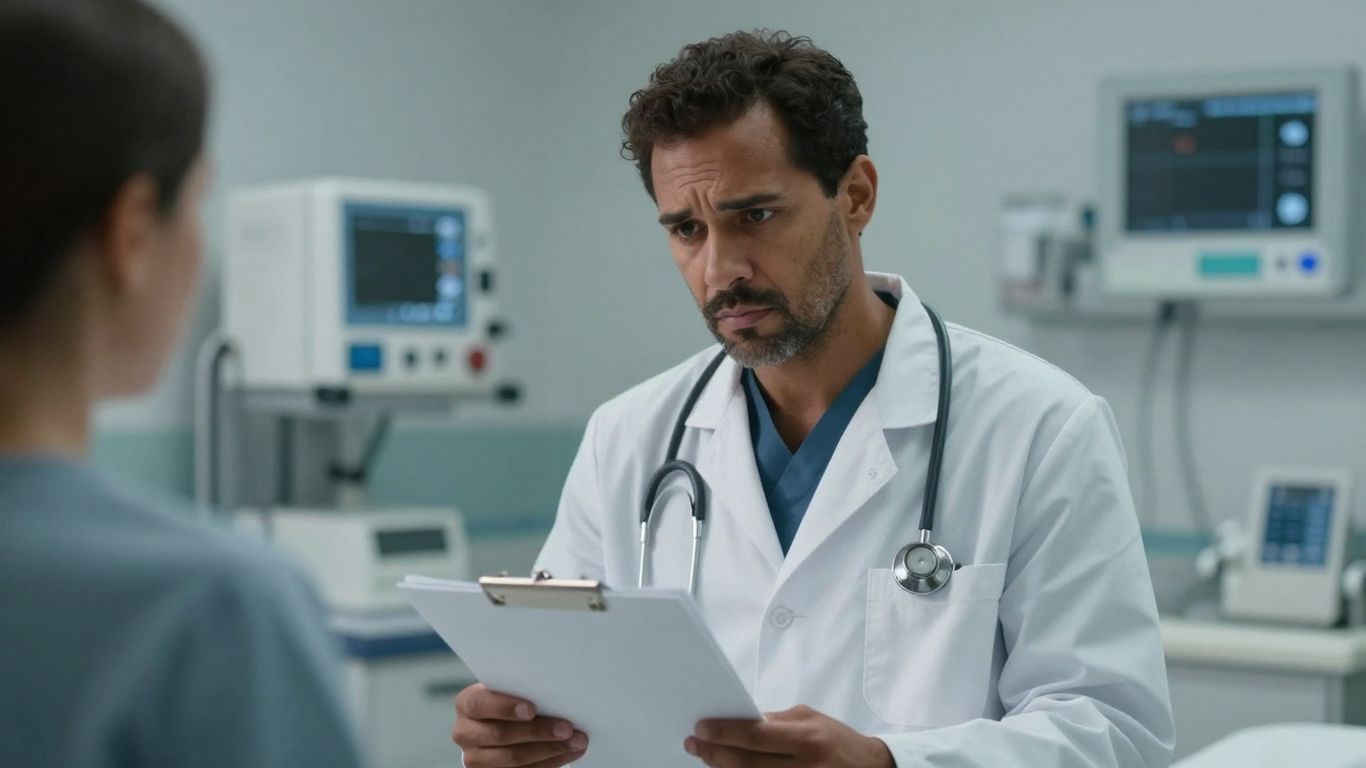 Doctor looking concerned with patient chart in medical setting.