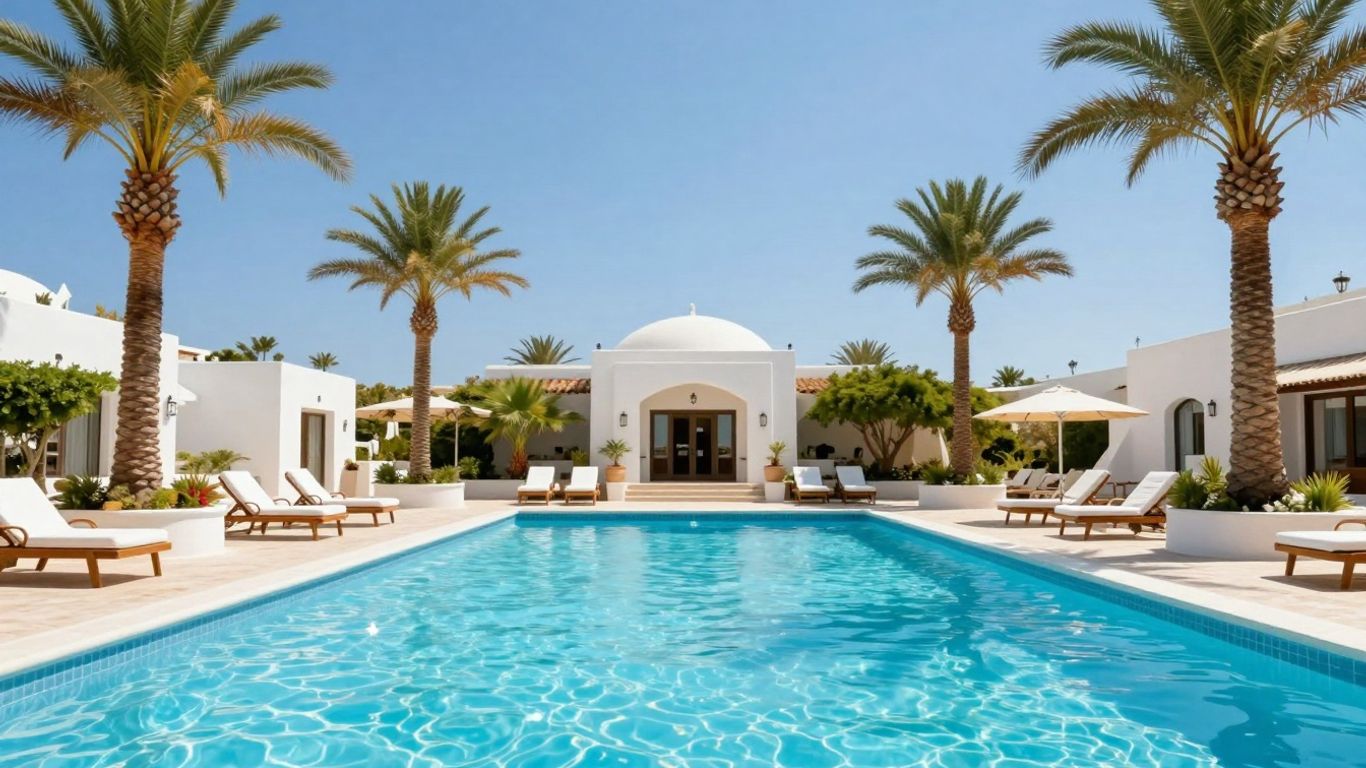 Creta Maris Resort pool with palm trees and blue sky.