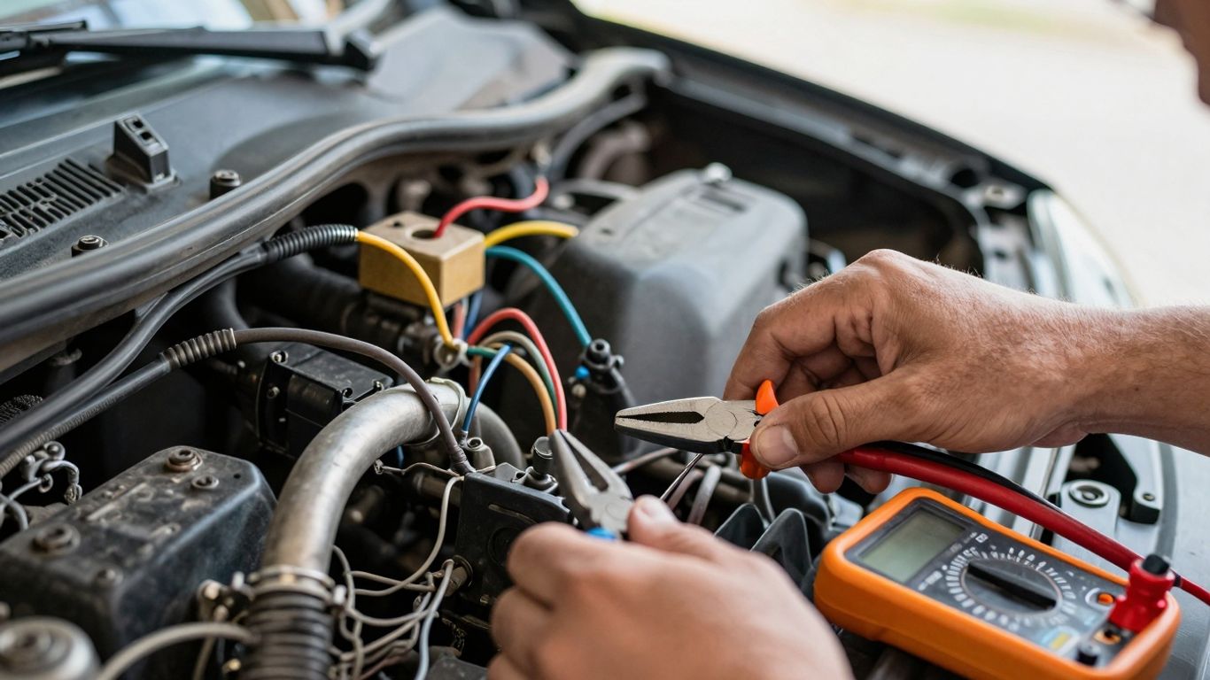 Mechanic troubleshooting Nissan car electrical wiring
