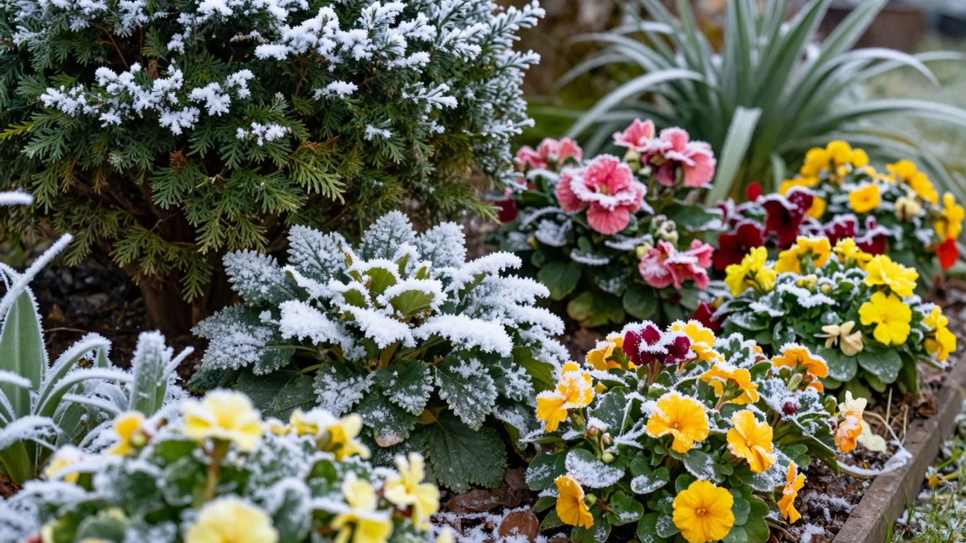 Winterharte Pflanzen im frostigen Garten mit Schnee.