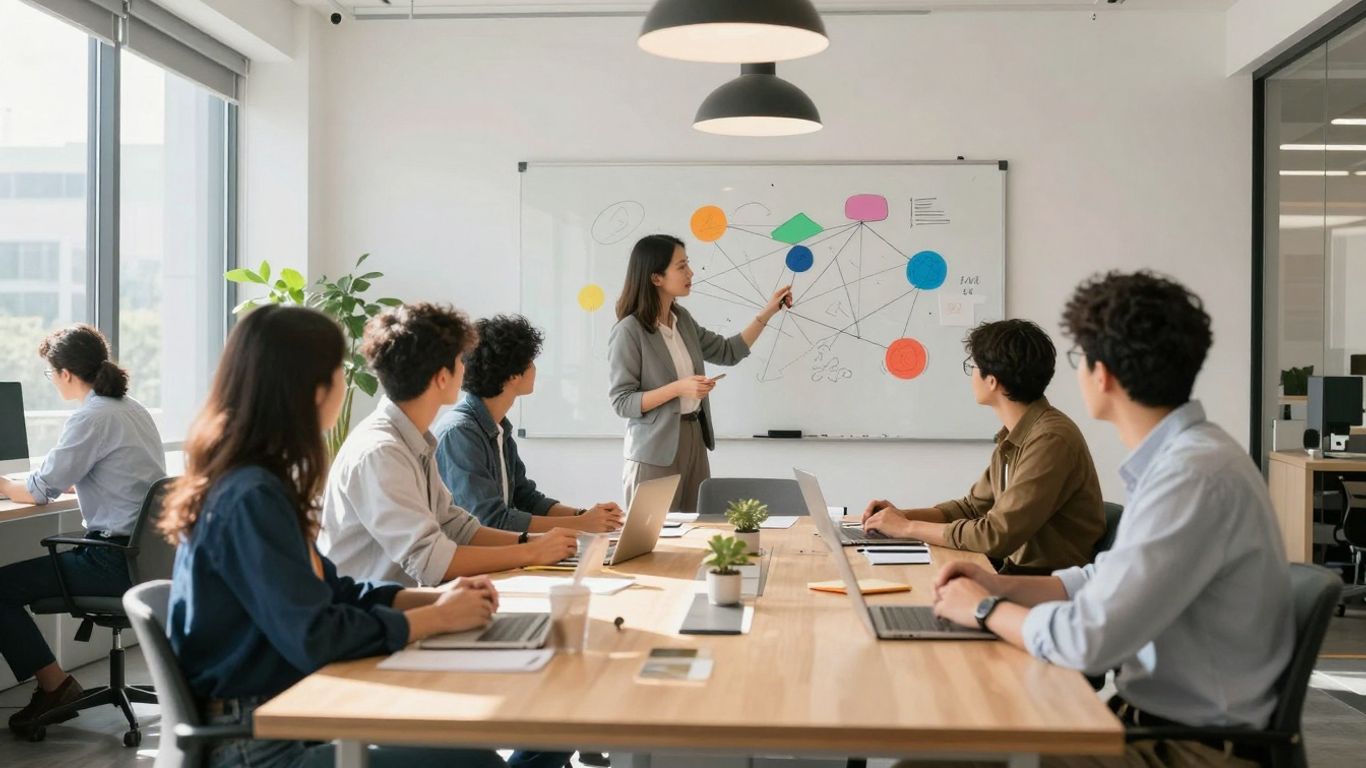 Marketing agency professionals collaborating in a modern office.