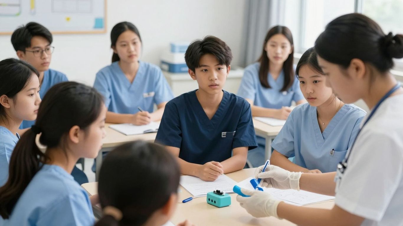 Students learning CNA skills in a classroom.