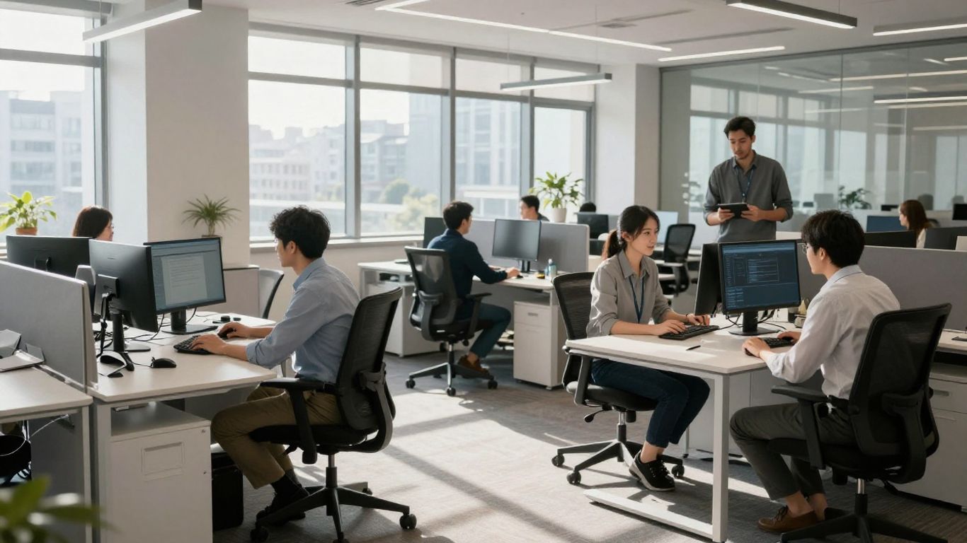 Modern office interior with employees working collaboratively.