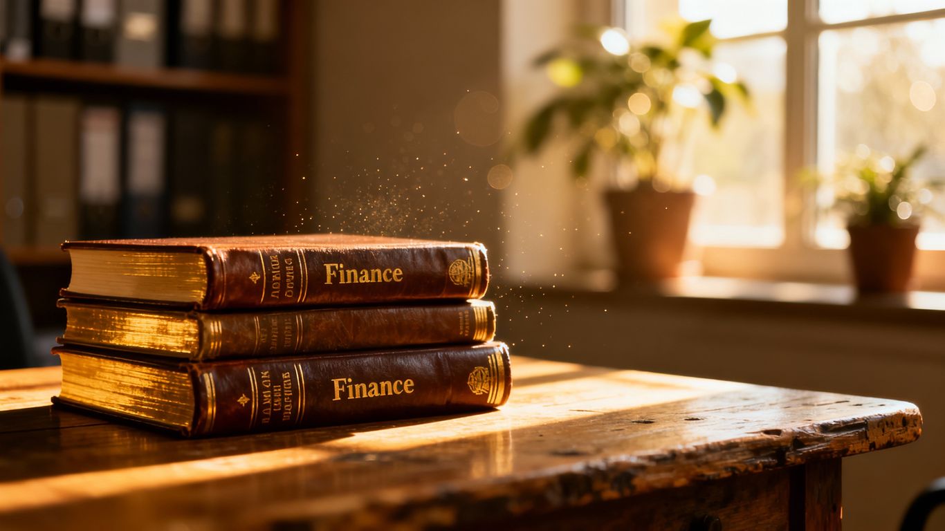 Stack of finance books on a table.