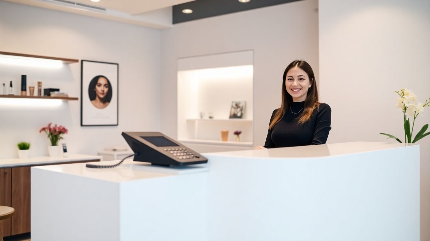 Clinic reception with phone system and receptionist.