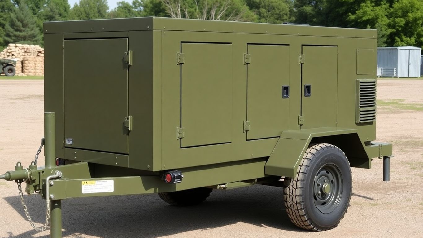 Rugged military generator trailer in an outdoor field.