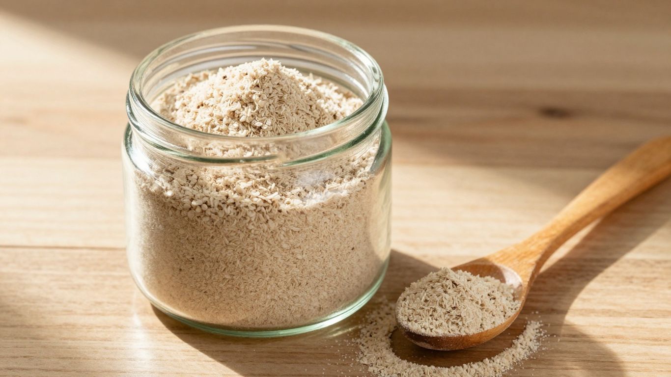 Psyllium husk powder in a jar with a spoon.