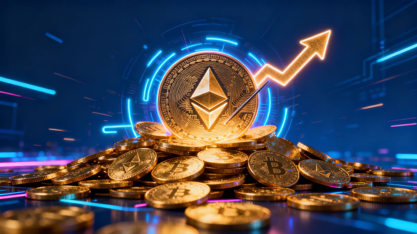 Ethereum logo with upward trend and gold coins.