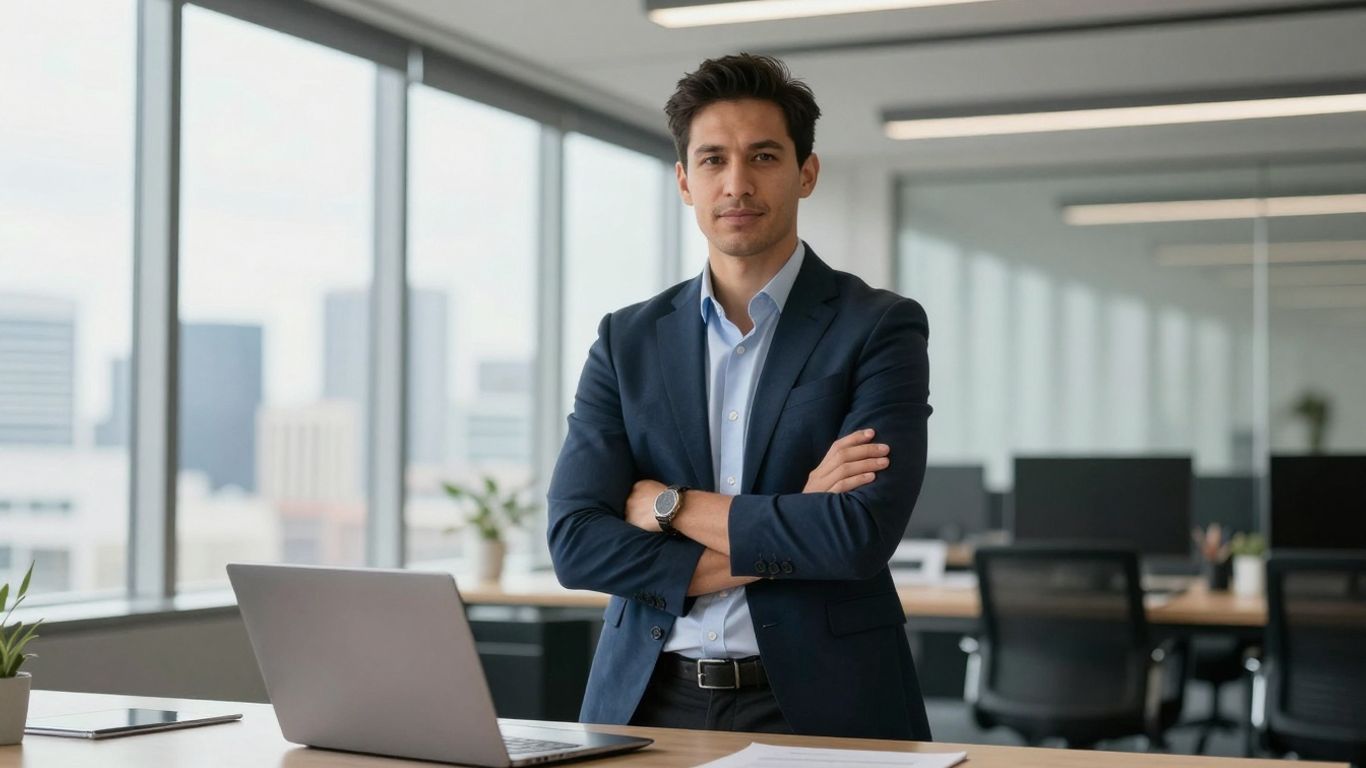 Australian entrepreneur in modern office, looking successful.