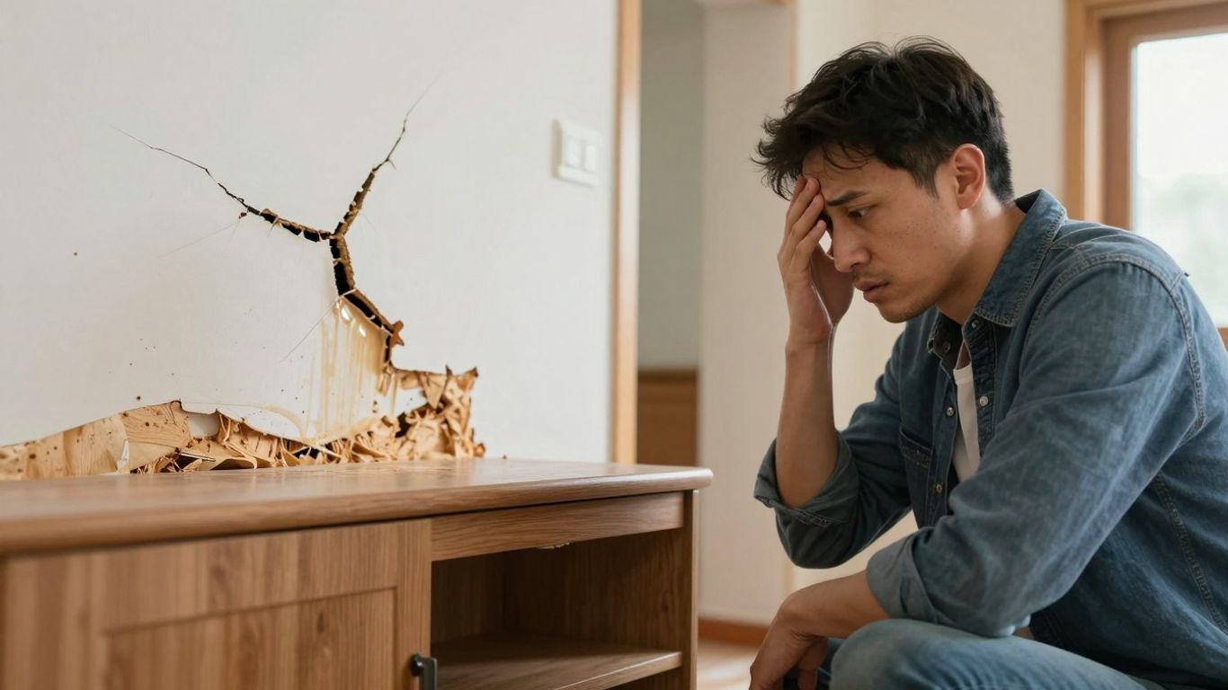 Worried homeowner surveys water-damaged house interior.