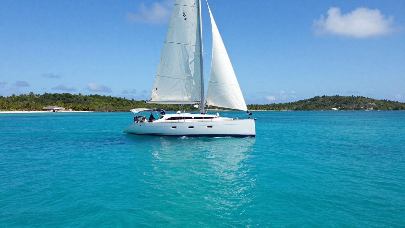 Sailboat cruising in clear Caribbean waters near islands.