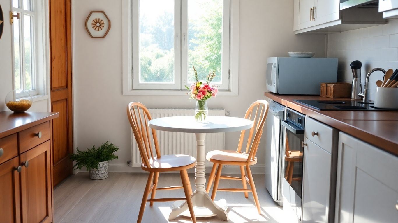 Cozy small kitchen with a round dining table and chairs.