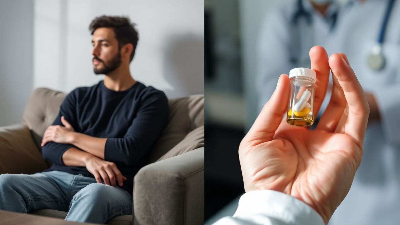 Person in therapy session and medication bottle.