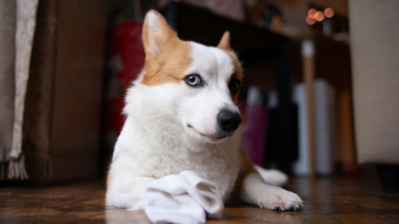 white and brown short coated puppy on brown wooden floor