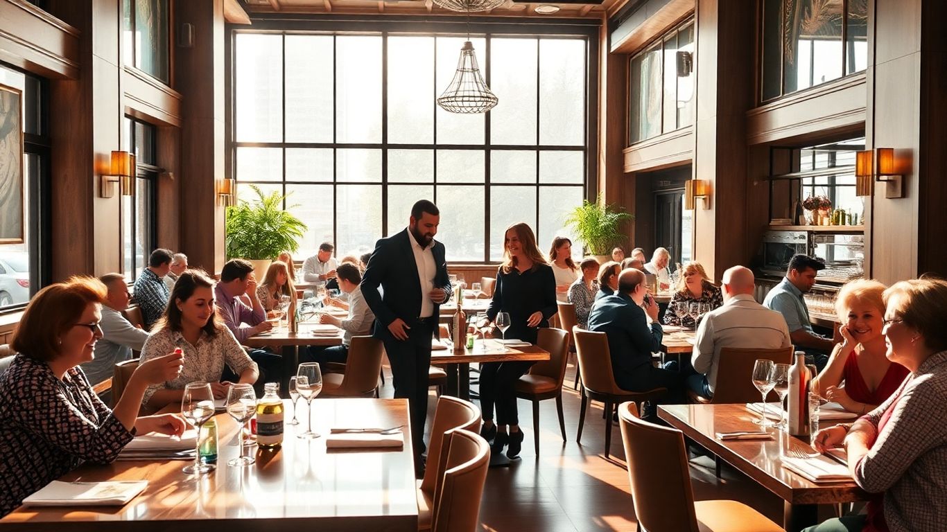 Oameni fericiți savurând mâncare într-un restaurant elegant.