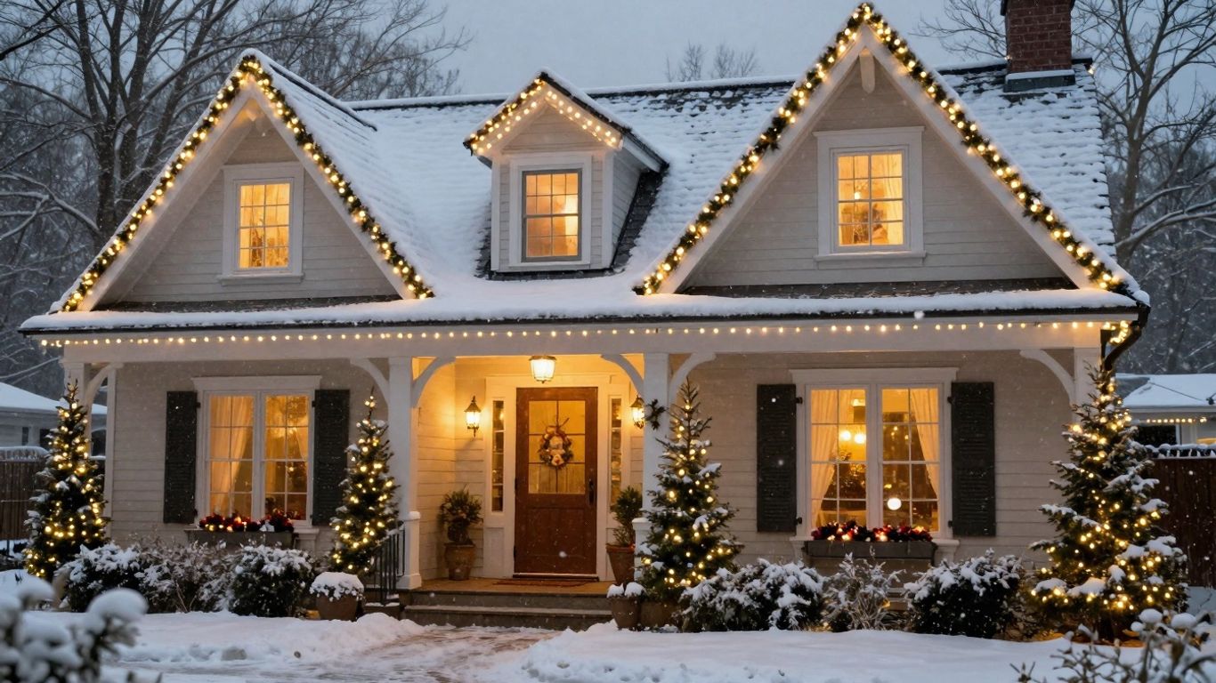 Festive house with Christmas lights and falling snow.