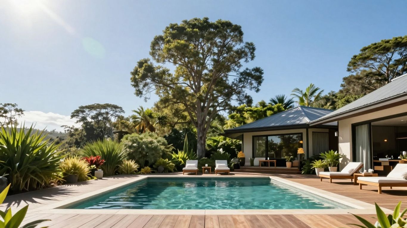 Tranquil spa pool surrounded by lush greenery at Gaia Retreat.