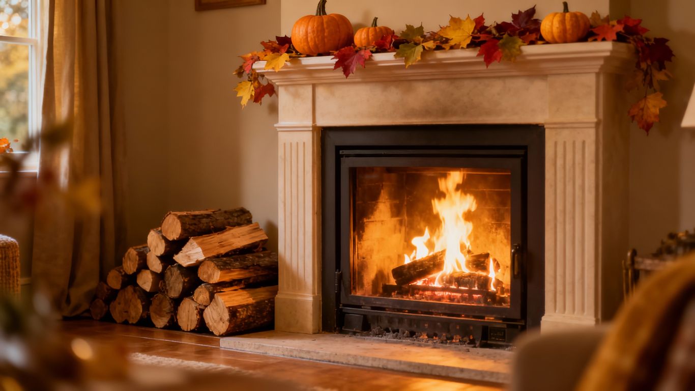 Cozy fireplace with autumn decorations and a warm flame.