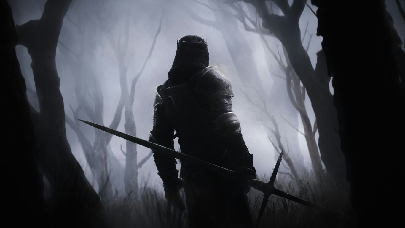 a man in a hooded suit holding a sword in a dark forest