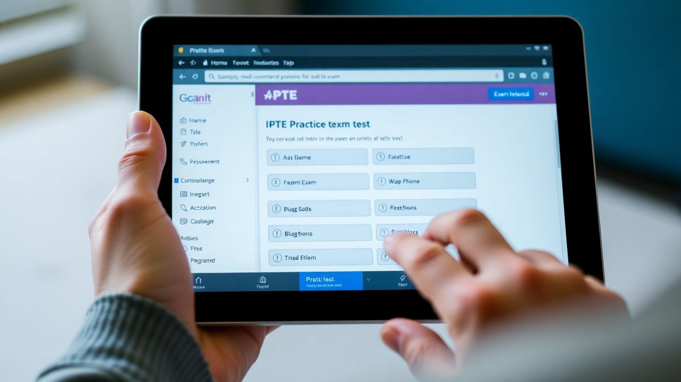 PTE exam practice on a tablet screen.