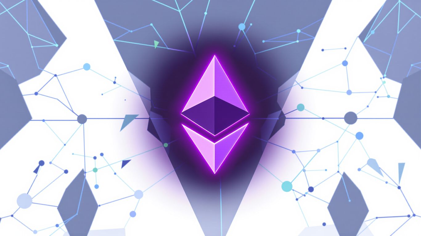 Ethereum logo with abstract geometric shapes and purple glow.